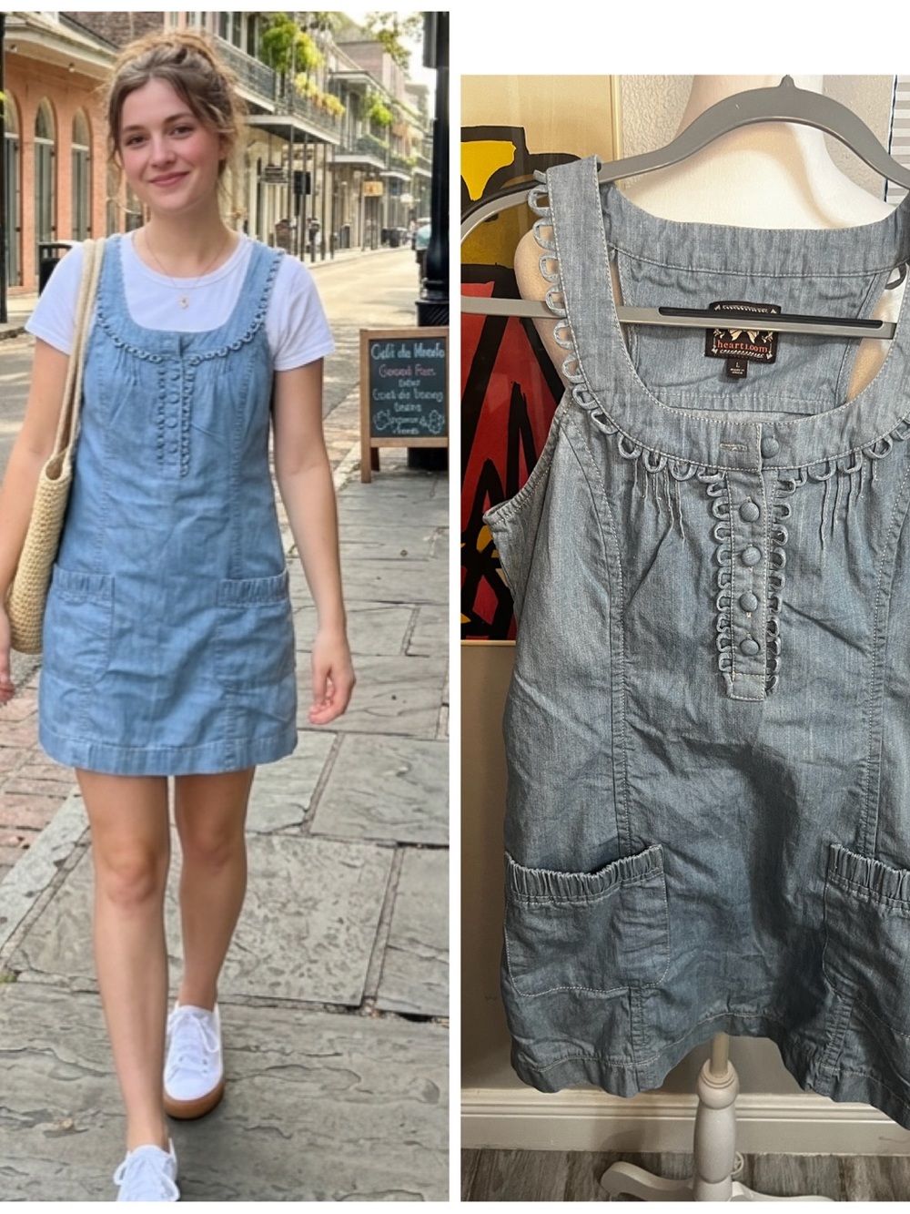 Heartloom Jean Mini Dress 90s Short
Large Button Razorback scallop
